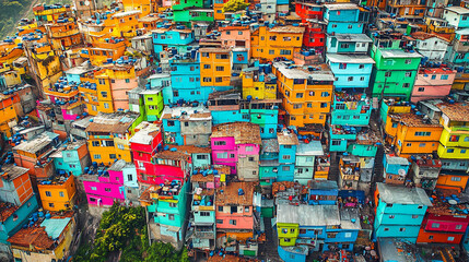 Fototapeta premium A colorful cityscape with many different colored buildings. The buildings are all different colors and sizes, and they are all stacked on top of each other. The scene is lively and vibrant