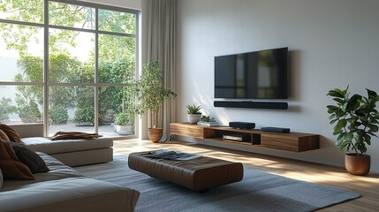 Fototapeta premium Minimalist living room featuring clean sleek furniture and soft neutral tones for a modern calming vibe.