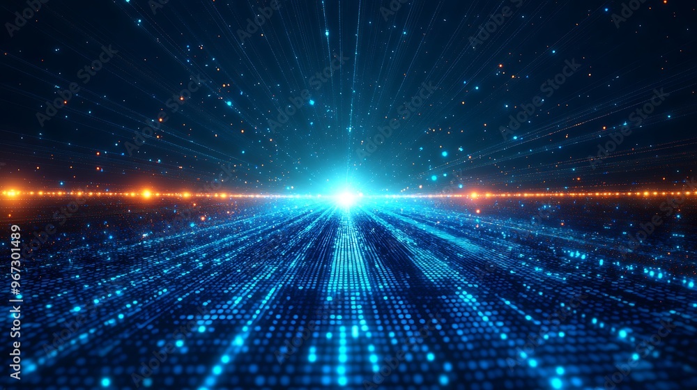 Poster a stunning visual representation of digital technology, featuring luminous rays and vibrant particle