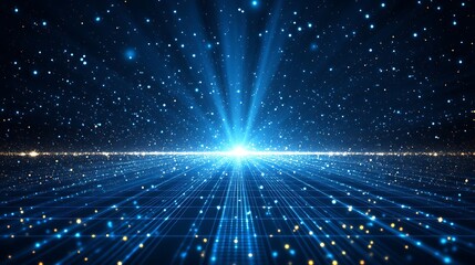 Obraz premium A stunning visual of light beams and stars creating a mesmerizing cosmic effect in a deep space setting.