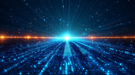Obraz premium A stunning visual representation of digital technology, featuring luminous rays and vibrant particles radiating from a central point.