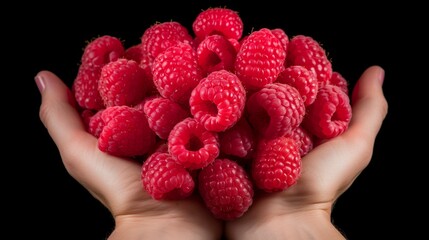 A photo of a handful of raspberries