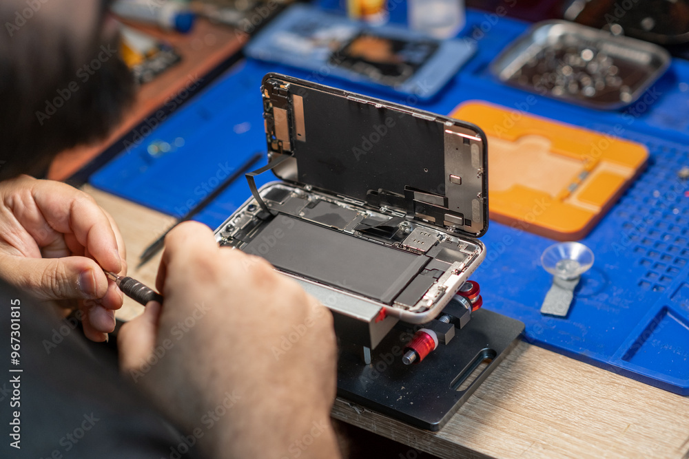 Poster A technician skillfully disassembles a smartphone to replace its battery in a well-equipped repair workshop