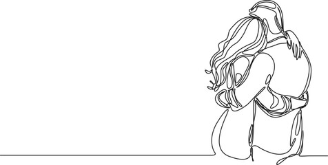 continuous single line drawing of woman and man embracing each other, line art vector illustration