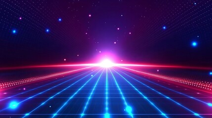 Obraz premium A vibrant, futuristic landscape with glowing neon lines converging towards a bright light in the distance, perfect for tech themes.