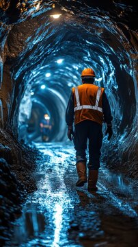 Exploration of Underground Mine Tunnel by Mining Engineer with Reflective Vest and Headlamp - Copy Space on Left