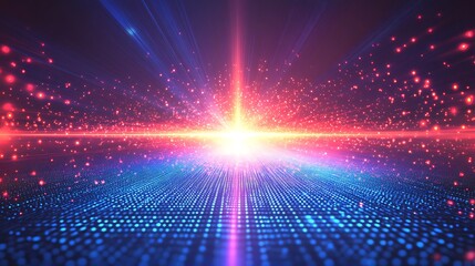 Obraz premium A vibrant abstract background featuring glowing particles and a bright central light, perfect for technology or digital themes.
