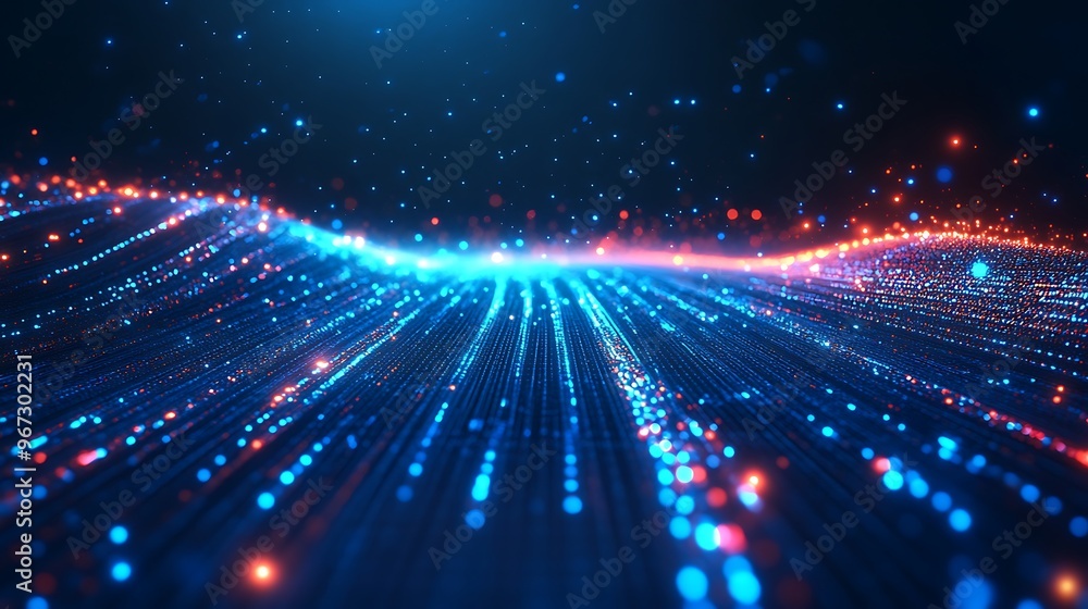 Poster a vibrant abstract digital background showcasing flowing lines of light in blue and red hues, creati