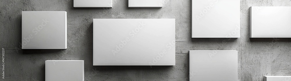 Poster three-dimensional mock-up of a blank trifold paper brochure on a soft gray background, with soft sha