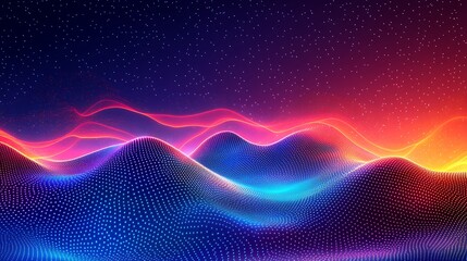 A vibrant abstract landscape featuring glowing waves of color, with a blend of blue, purple, and red hues creating a dynamic visual.