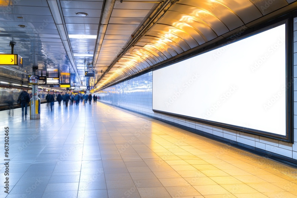 Aufkleber view of an empty subway area with grey floor and a blank white banner with place for your logo or te