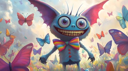 Fototapeta premium Cute Monster with Rainbow Bowtie Surrounded by Butterflies