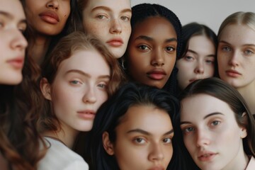 Obraz premium A large group of women with various skin tones and features stands under natural light, emphasizing their unity and individuality in a cohesive portrait.