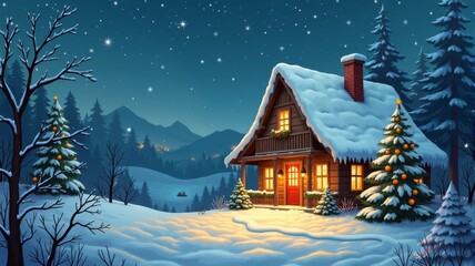 Naklejka premium Cozy Snow-Covered Cabin in Winter Wonderland, Christmas Lights Twinkling in Snowy Forest, Festive Holiday Season Illustration