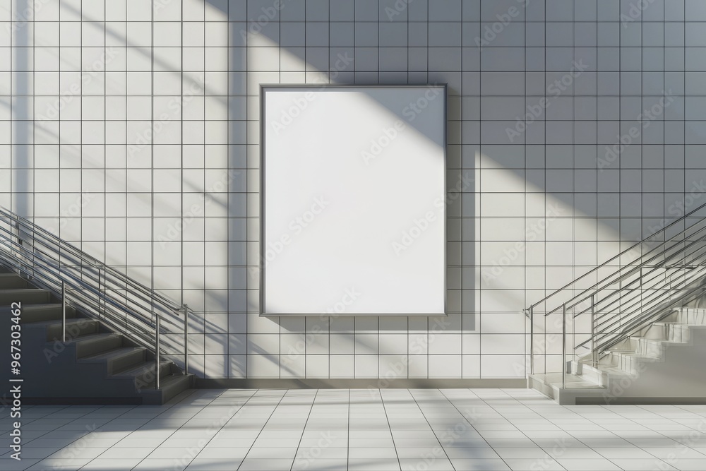 Aufkleber a mock-up of an empty white frame with stairs in the underground. commercial ad concept. 3d renderin