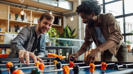 A group of two co-workers are playing soccer while in his office.