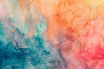 Fototapeta premium A colorful watercolor painting with soft transitions between blue, teal, orange, and pink, evoking peaceful and tranquil vibes.