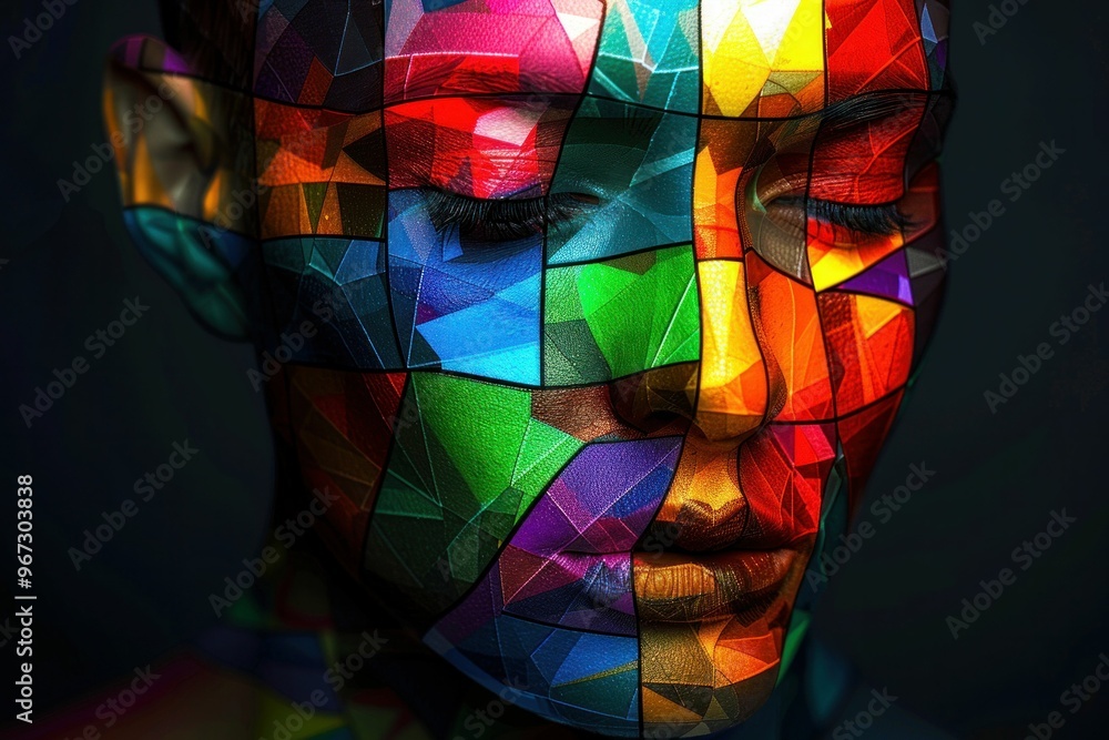 Poster a colorful abstract portrait with geometric shapes on a dark background, showcasing a vibrant mosaic