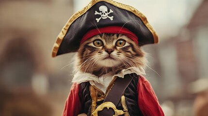 Obraz premium Cute Cat Dressed As A Pirate In A Costume With A Skull And Crossbones On The Hat