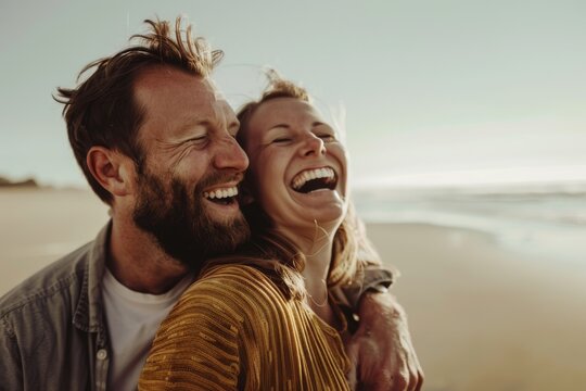 A joyful couple laughs heartily while embracing on a sunny beach, capturing a moment of pure happiness and connection.