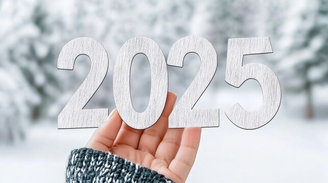 A hand holding the numbers 2025 against a dreamy winter wonderland backdrop, symbolizing hope and new beginnings in the upcoming new year