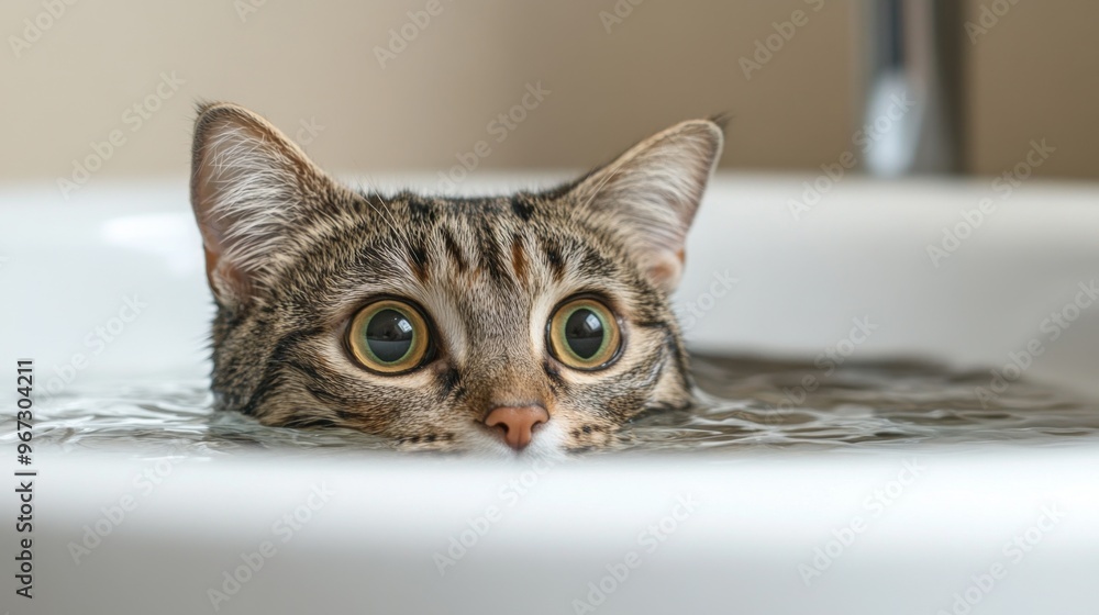 Poster a cat cautiously exploring a bathtub filled with a small amount of water, with a focus on its curiou