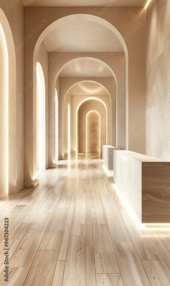 Aufkleber modern hallway with elegant arches and warm lighting, creating a serene and inviting atmosphere for 