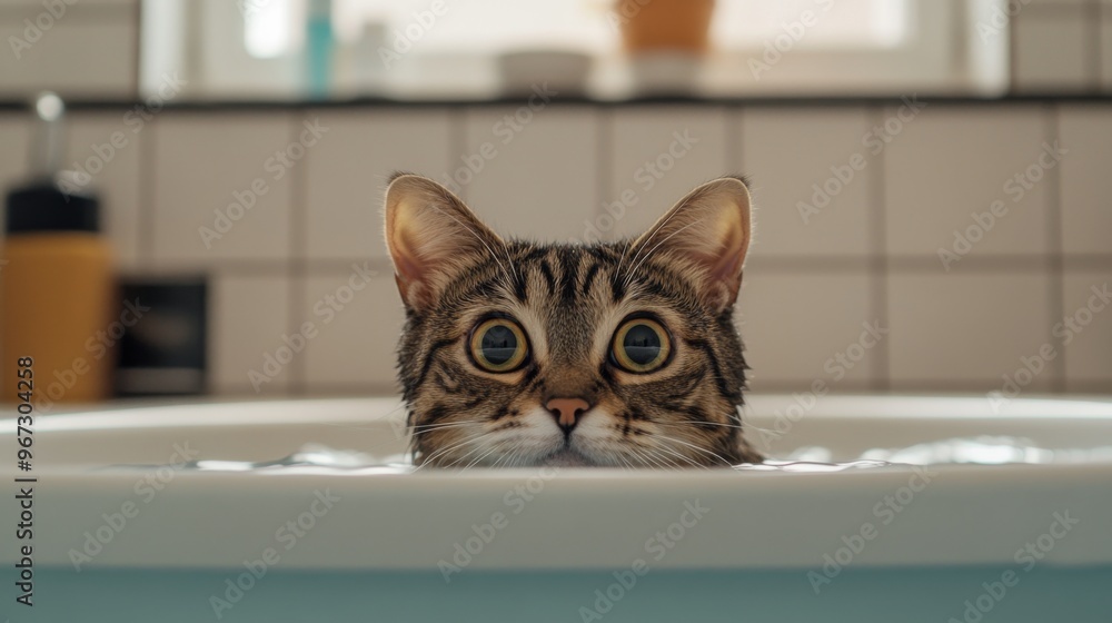 Poster a cat cautiously exploring a bathtub filled with a small amount of water, with a focus on its curiou