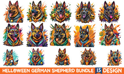 Halloween German Shepherd Design, Hand Drawn T-Shirt Illustration Isolated on White Background. Calligraphy Typography Element for Apparel, Stickers, Posters.