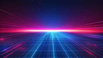 A vibrant digital landscape featuring neon lights and grid patterns, evoking a futuristic atmosphere for creative projects.