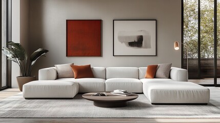 Fototapeta premium Minimalist living room design with sleek furniture and calming neutral hues for a modern stylish feel.