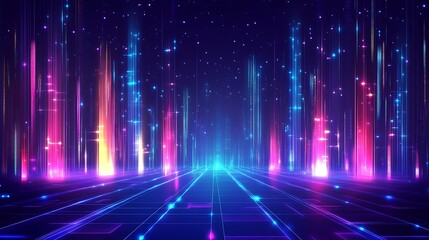 A vibrant digital landscape filled with colorful lights, creating a futuristic atmosphere for technology and creativity.