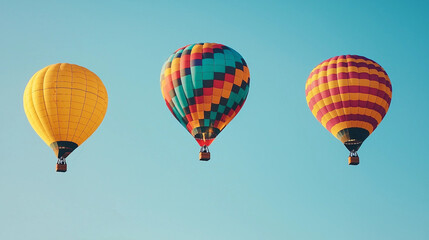 Obraz premium Three hot air balloons are flying in the sky, each with a different color scheme. The balloons are yellow, blue, and red, and they are all at different heights