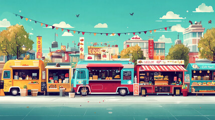 Obraz premium A row of food trucks are parked on a city street. The trucks are of different colors and sizes, and they are all selling different types of food. The street is busy with people walking around