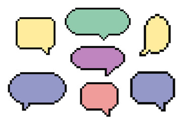 Set of pixel art cloud bubble quote box speech bubble dialog retro 8 bit arcade game interface, manga. Comic chat rectange pixel elements, arrow, star, heart.