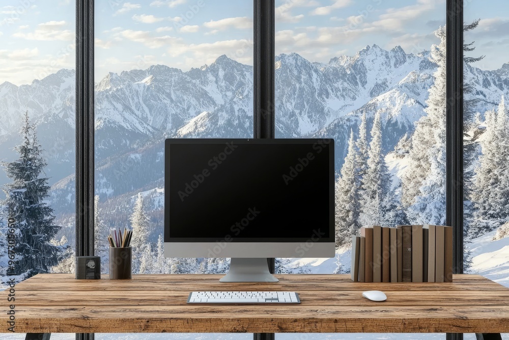 Poster a rendering of a blank black modern computer monitor with room for your logo or text. it is position