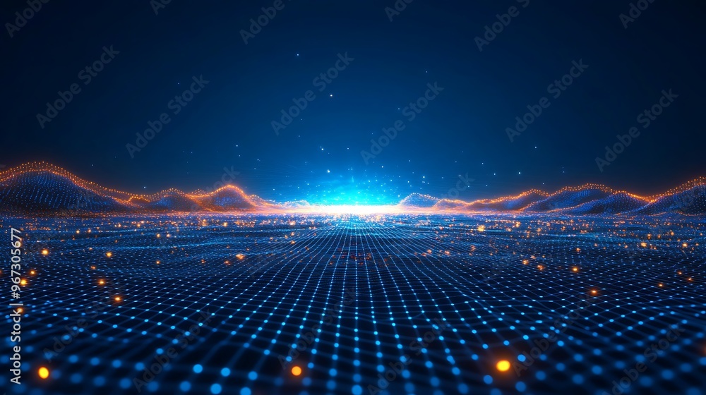 Aufkleber a vibrant digital landscape with glowing dots and lines, creating a dynamic and futuristic atmospher