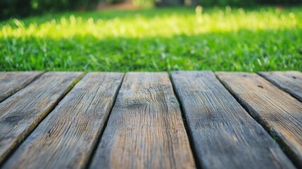 Fototapeta premium Wooden Deck With Grass Background