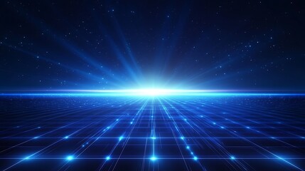 A vibrant digital landscape with glowing blue rays and a grid pattern, evoking a sense of depth and futuristic technology.
