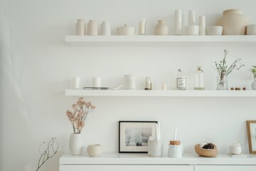 A serene minimalist shelf arrangement in soft neutrals, adorned with simple, elegant pottery and dried flowers, epitomizing modern, calming decor.