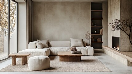 Sleek minimalist living room with calming neutral colors and streamlined furniture for a contemporary feel.