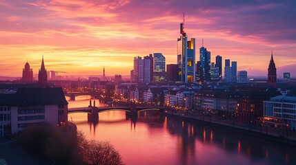 Fototapeta premium A city skyline at sunrise, with a bridge crossing a river and the sun reflecting on the water, creating a vibrant and colorful scene.