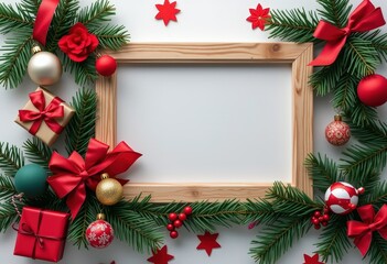 christmas frame with fir branches and decorations