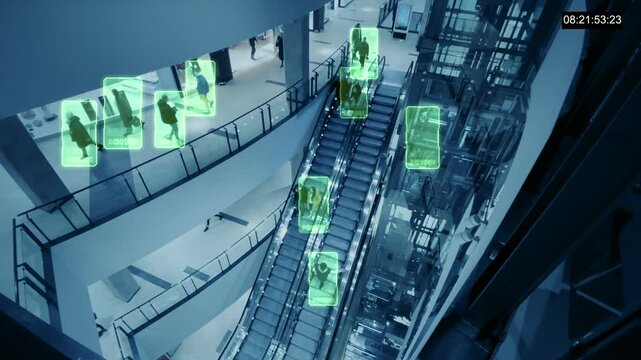 Facial recognition technology scans and detects people's faces for identification. Detecting, recognizing people's faces, collecting and analyzing human biometric data using artificial intelligence. 