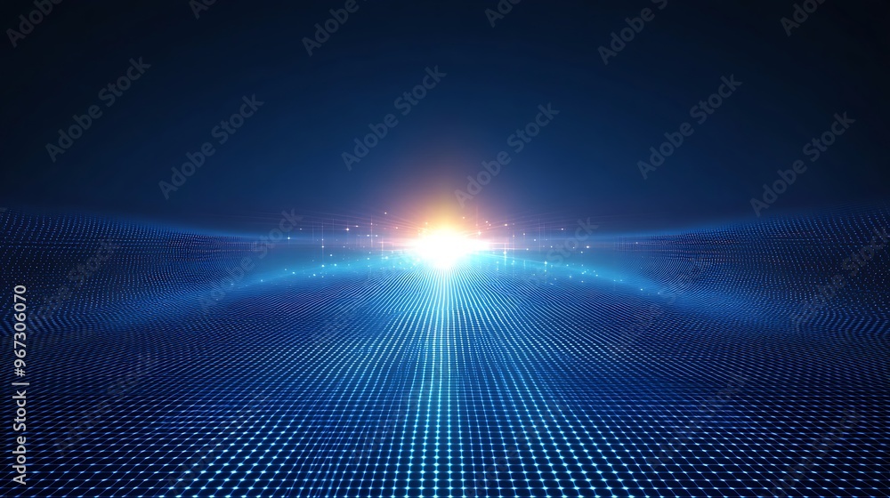Poster a vibrant digital landscape with shining light rays and abstract patterns, perfect for technology an