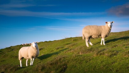 Fototapeta premium Gentle sheep couple grazing on a rolling hillside