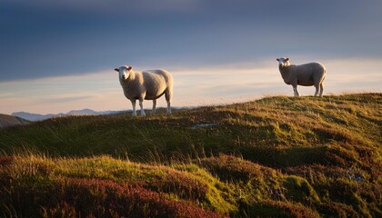 Gentle sheep couple grazing on a rolling hillside