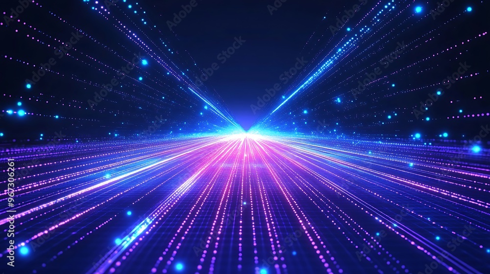 Poster a vibrant display of lights creating dynamic patterns of energy and movement in a dark background, e