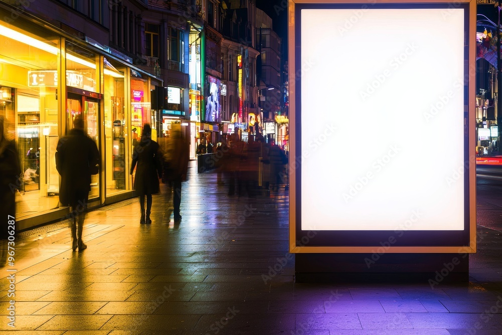 Poster a rear view of an empty white horizontal billboard at a bus stop with a mock-up area