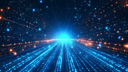 Fototapeta premium A vibrant display of blue beams and glowing particles converging into a bright center, illustrating futuristic energy and motion.